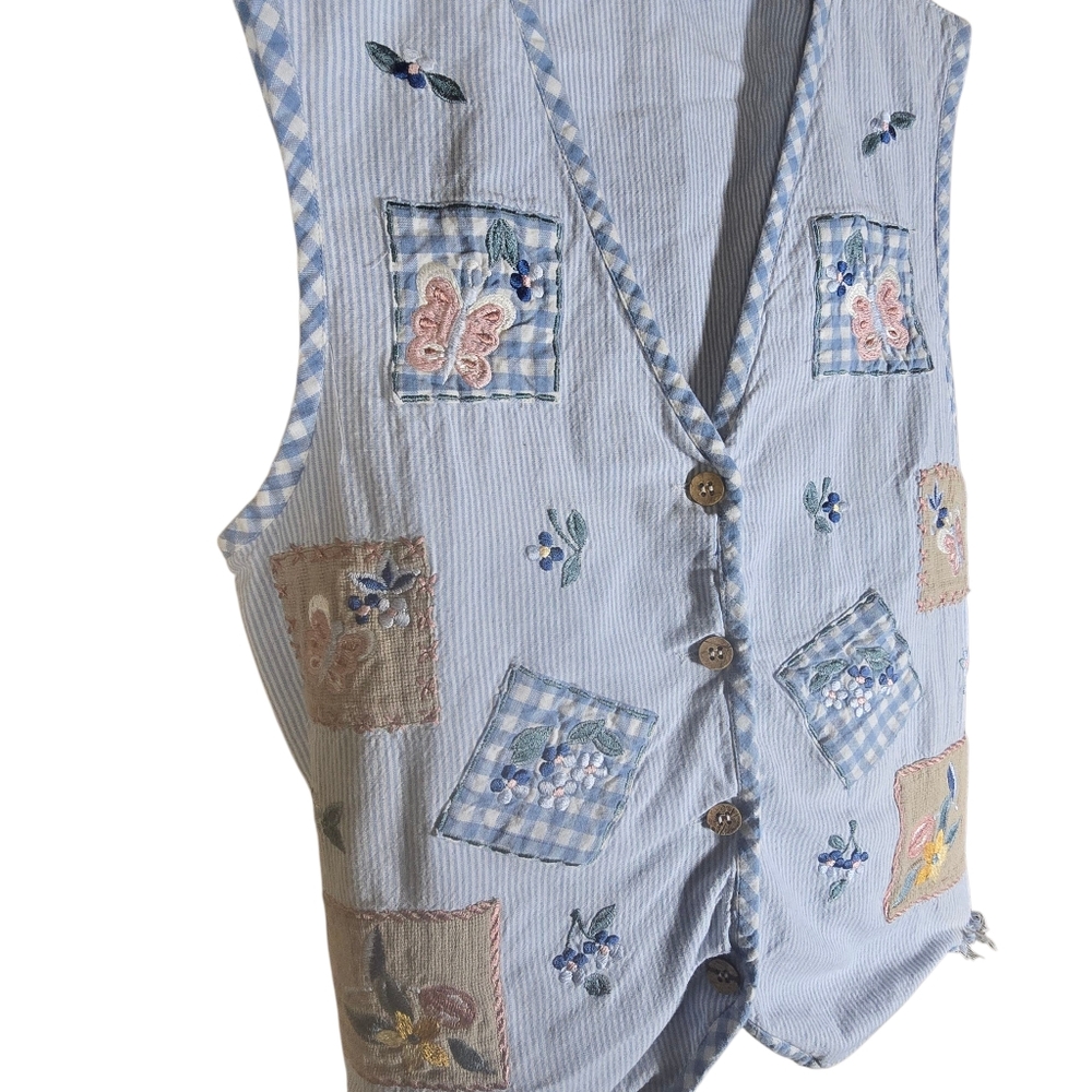 Vintage Krazy Kat Floral Butterfly Patchwork Cottagecore Grannycore Vest Medium - Picture 2 of 4